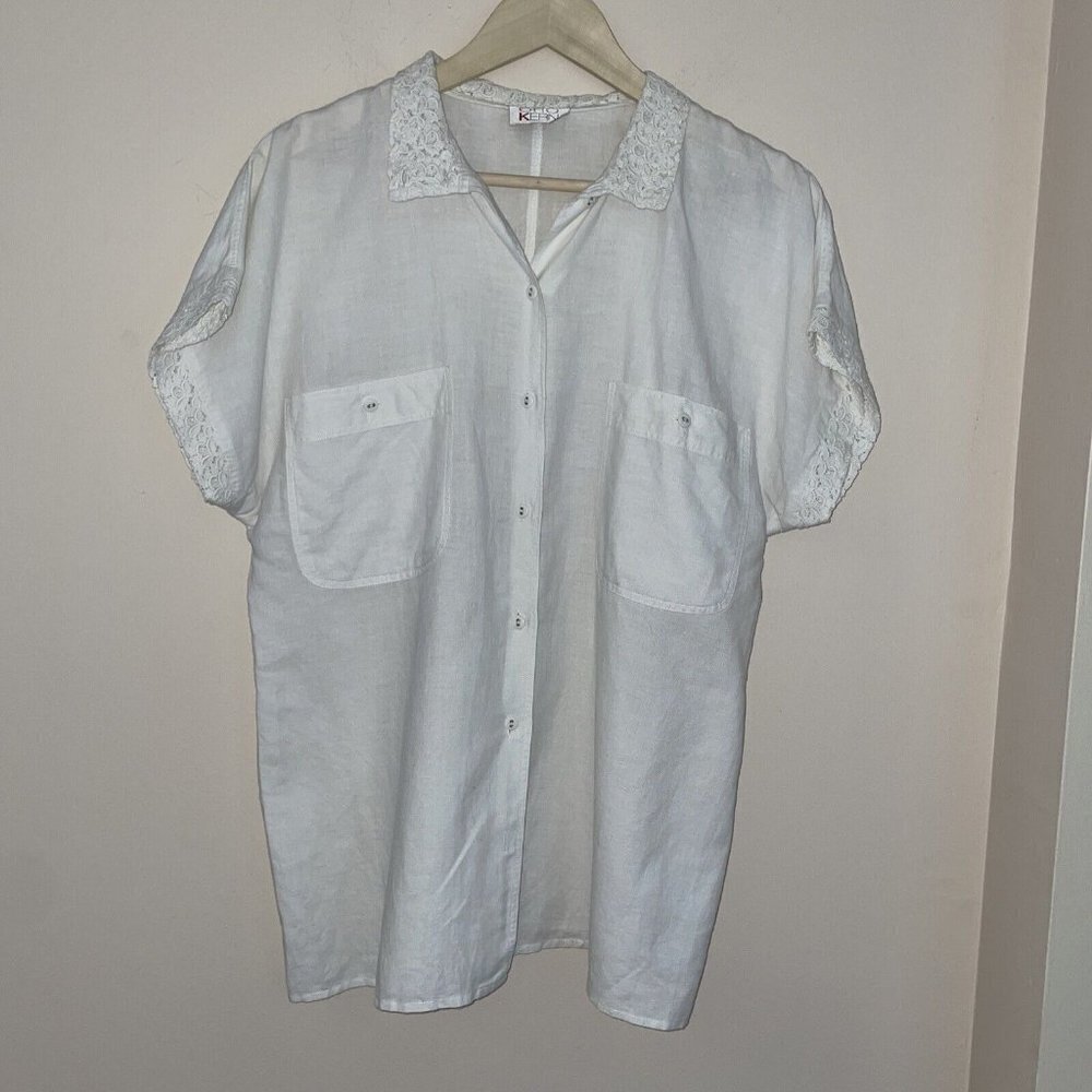 Otto Kern Women's Linen/Cotton Button Front Blouse Sz M Crochet Trim Cottagecore